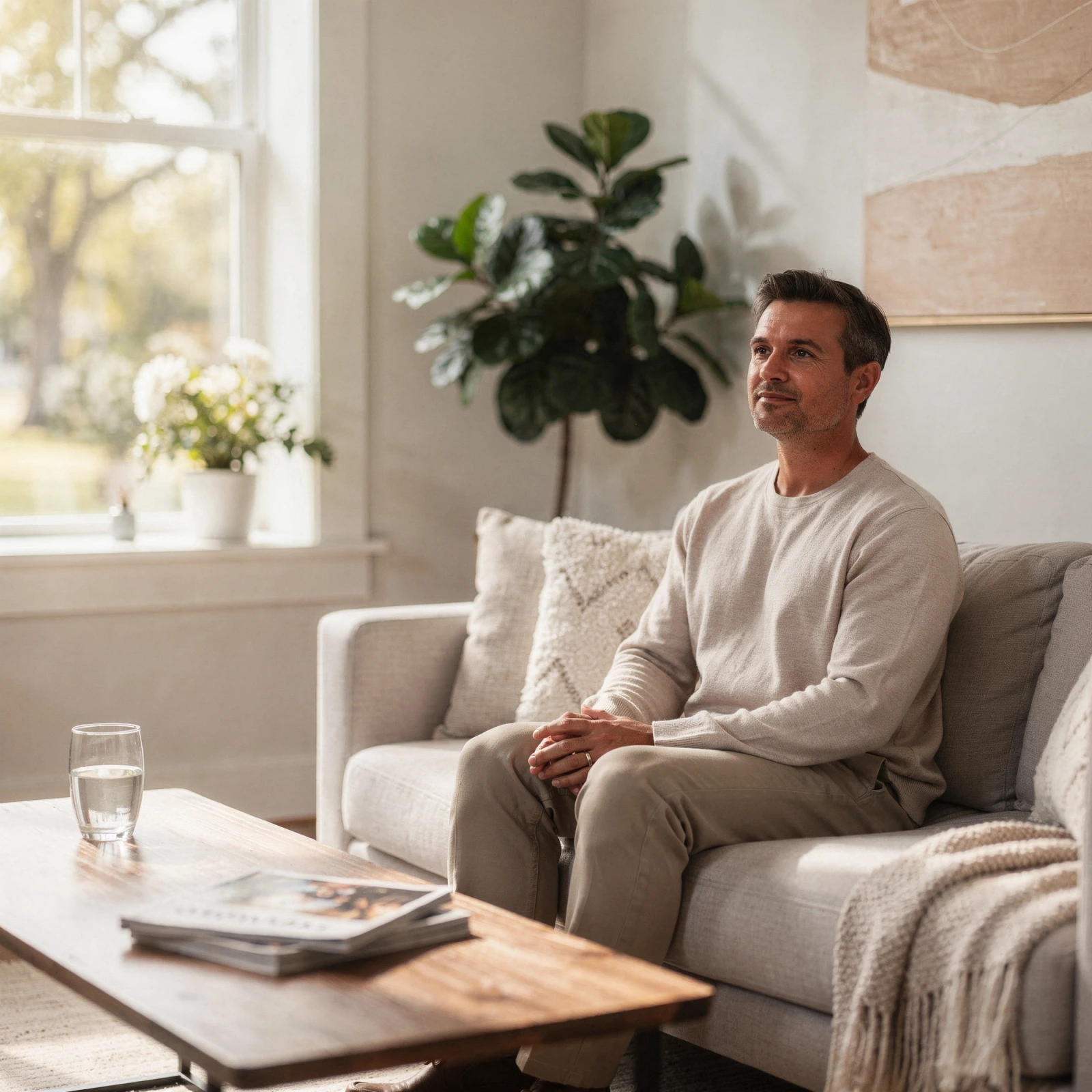 Man sitting on a beige couch in a calm therapy office with plants and natural light